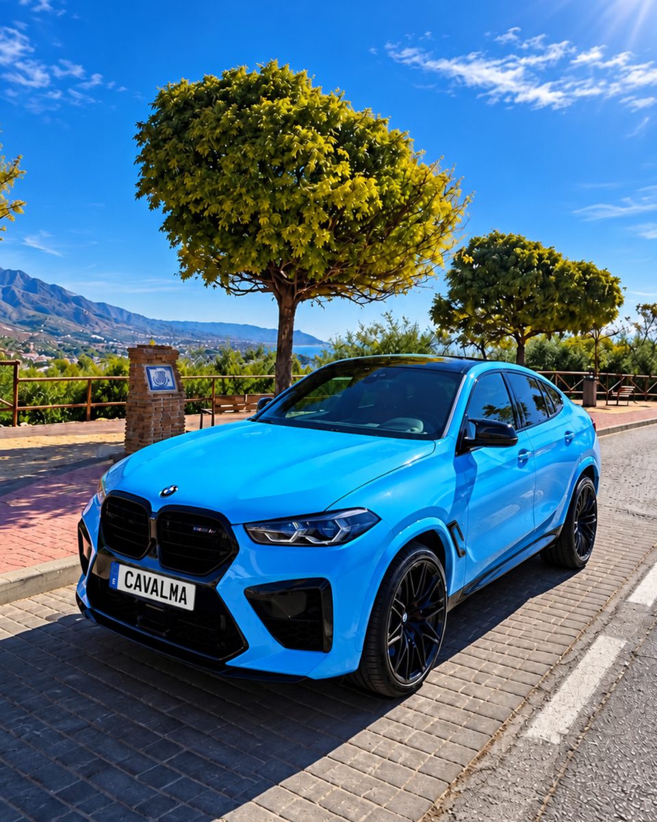 Blue BMW X6 M front three-quarter view, available for luxury SUV rental in Marbella with CAVALMA.