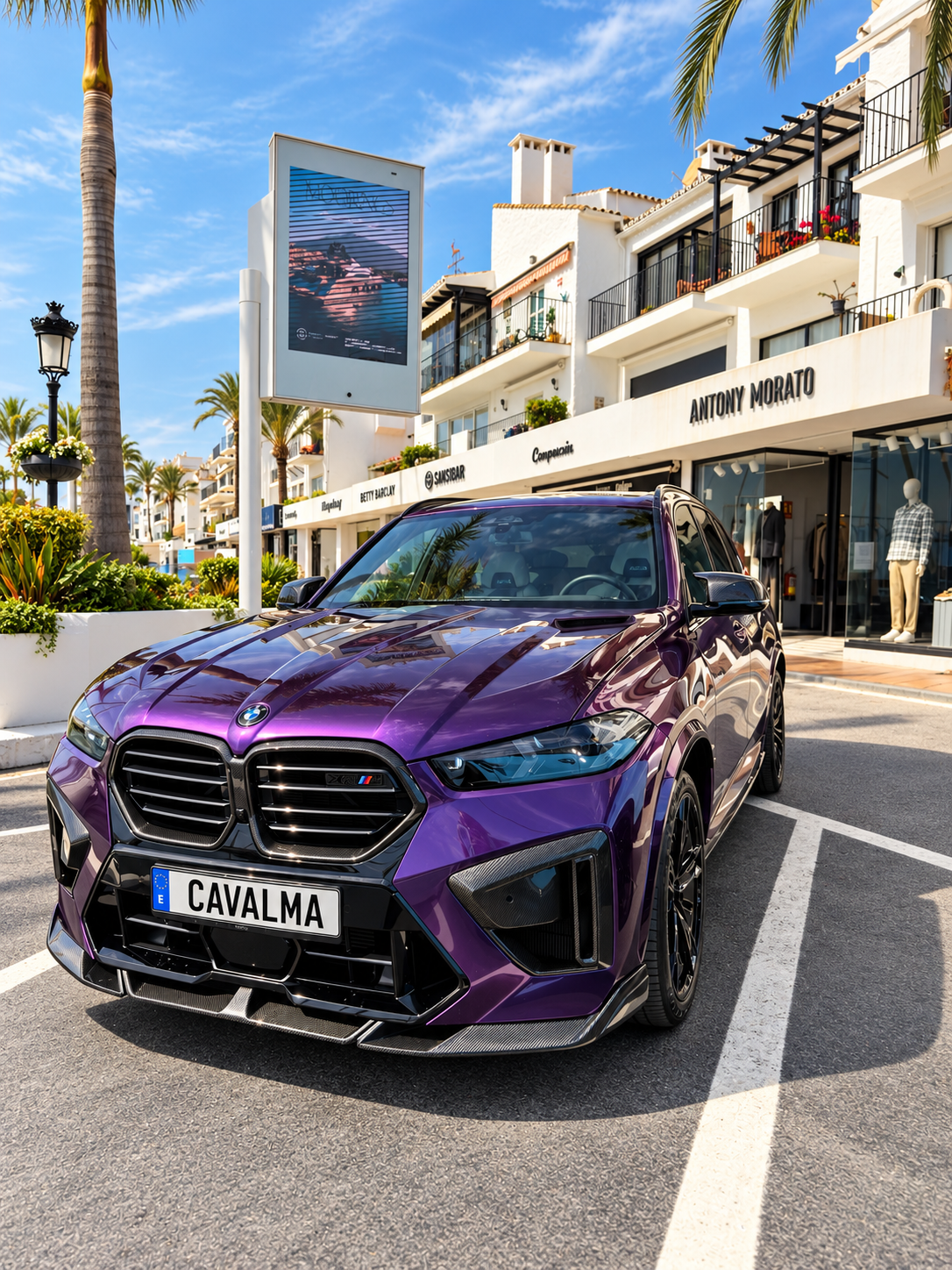 سيارة BMW X5 M Competition Larte Design بنفسجية في الخارج من زاوية أمامية جانبية.