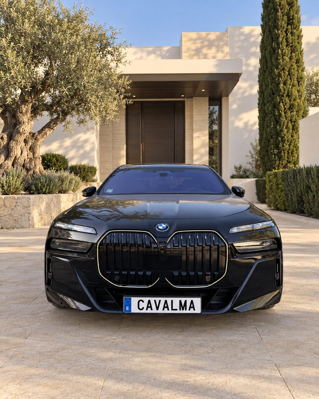 Front view of black BMW 7 Series rental in Marbella