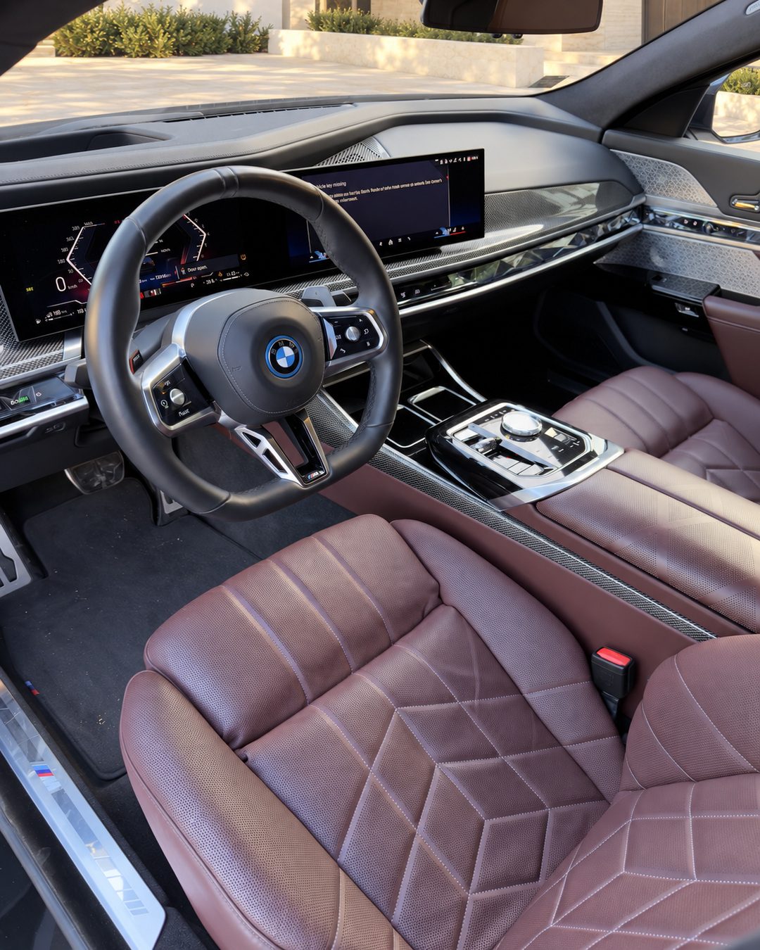 BMW 7 Series driver cockpit with brown leather interior