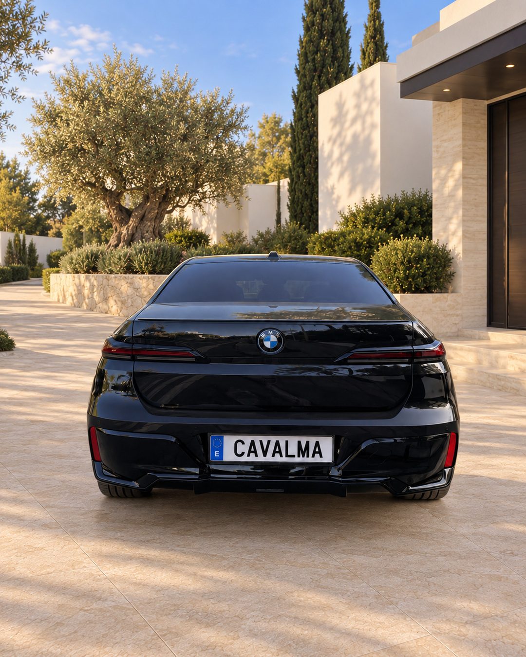Rear view of black BMW 7 Series luxury saloon