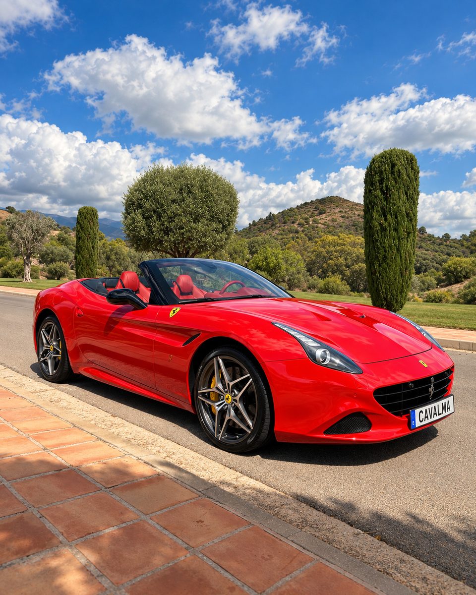 Red Ferrari California T convertible for rental in Marbella, photographed from the front three-quarter angle with the roof open and alloy wheels.