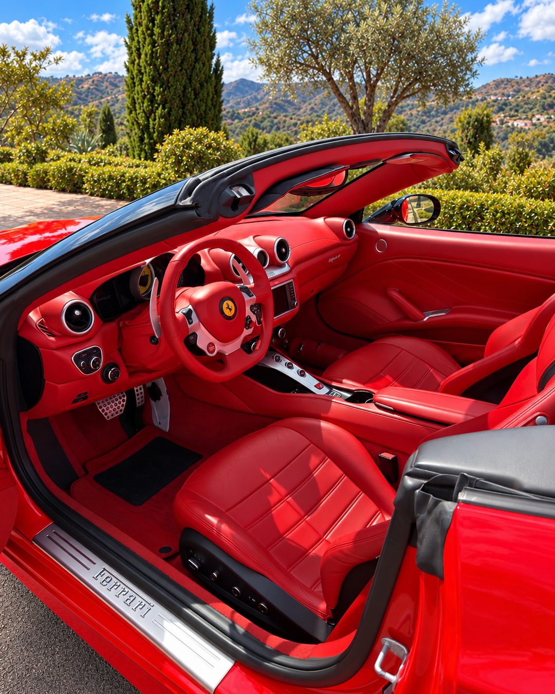 Красный кожаный салон Ferrari California T через открытую пассажирскую дверь: руль Ferrari, спортивные сиденья и контрастные чёрные элементы отделки.