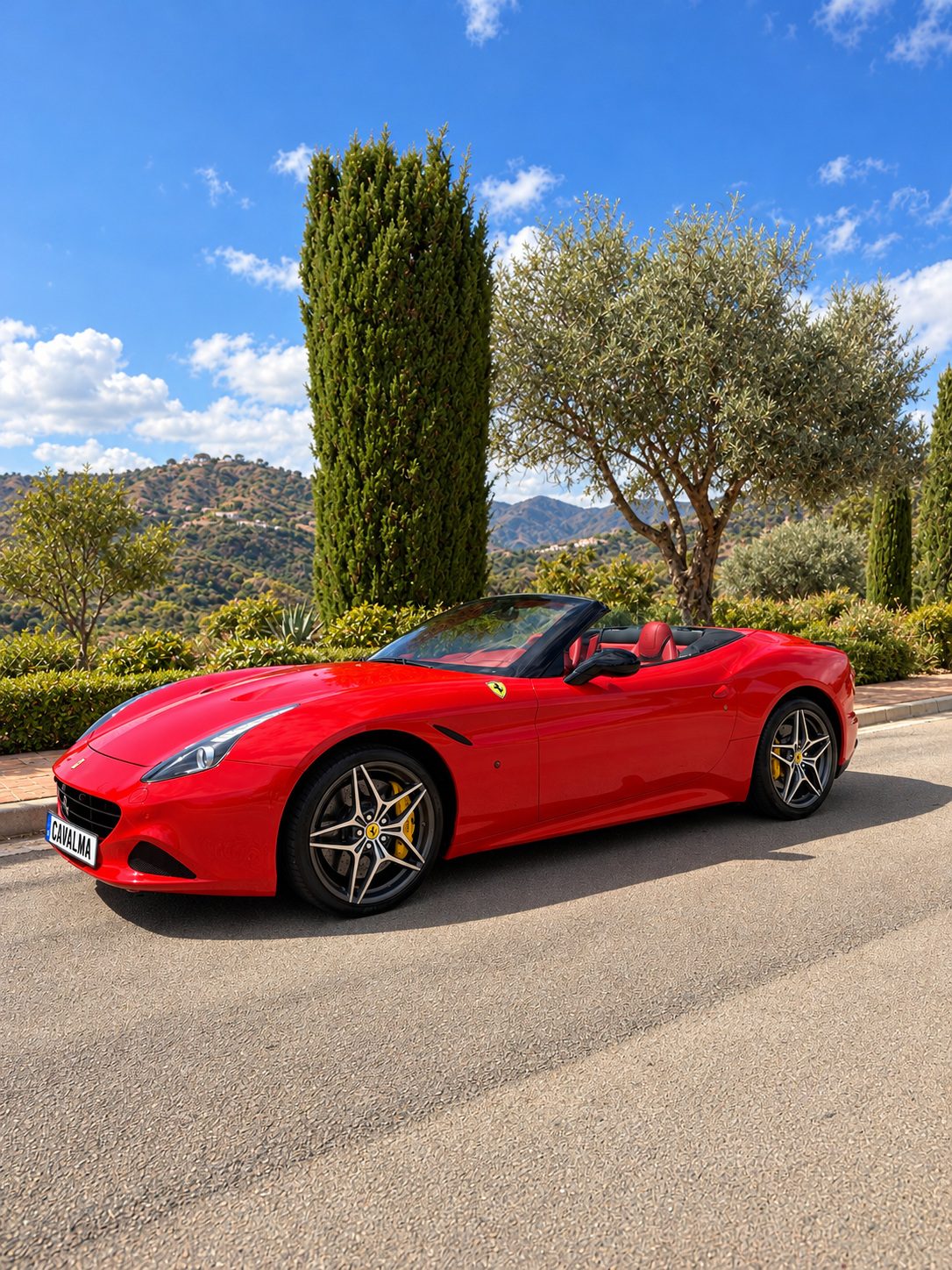 Ferrari California T - Side profile of the red Ferrari California T convertible with the roof down, parked beside a tall cypress and an olive tree with hills in the background.