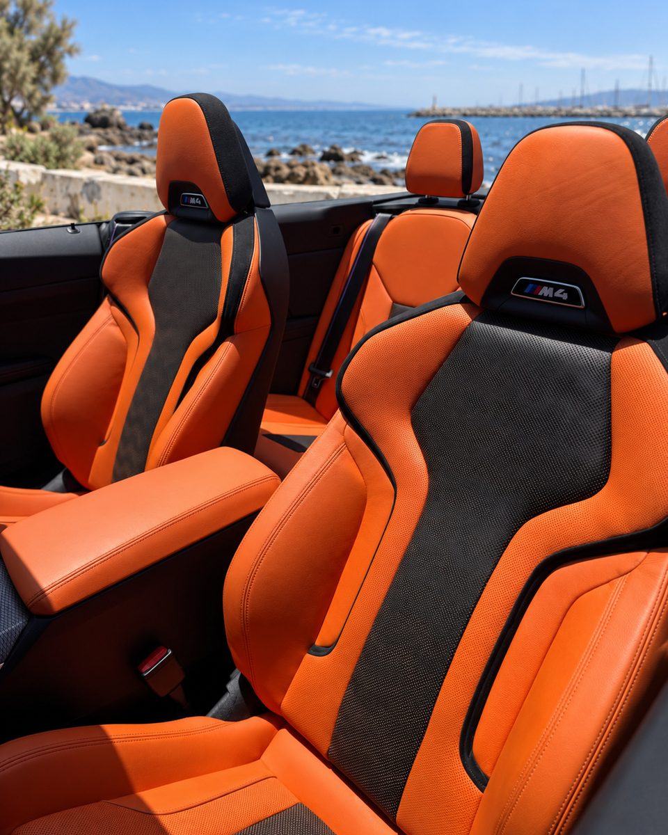 BMW M4 Cabrio interior with orange sports seats, luxury car rental in Marbella