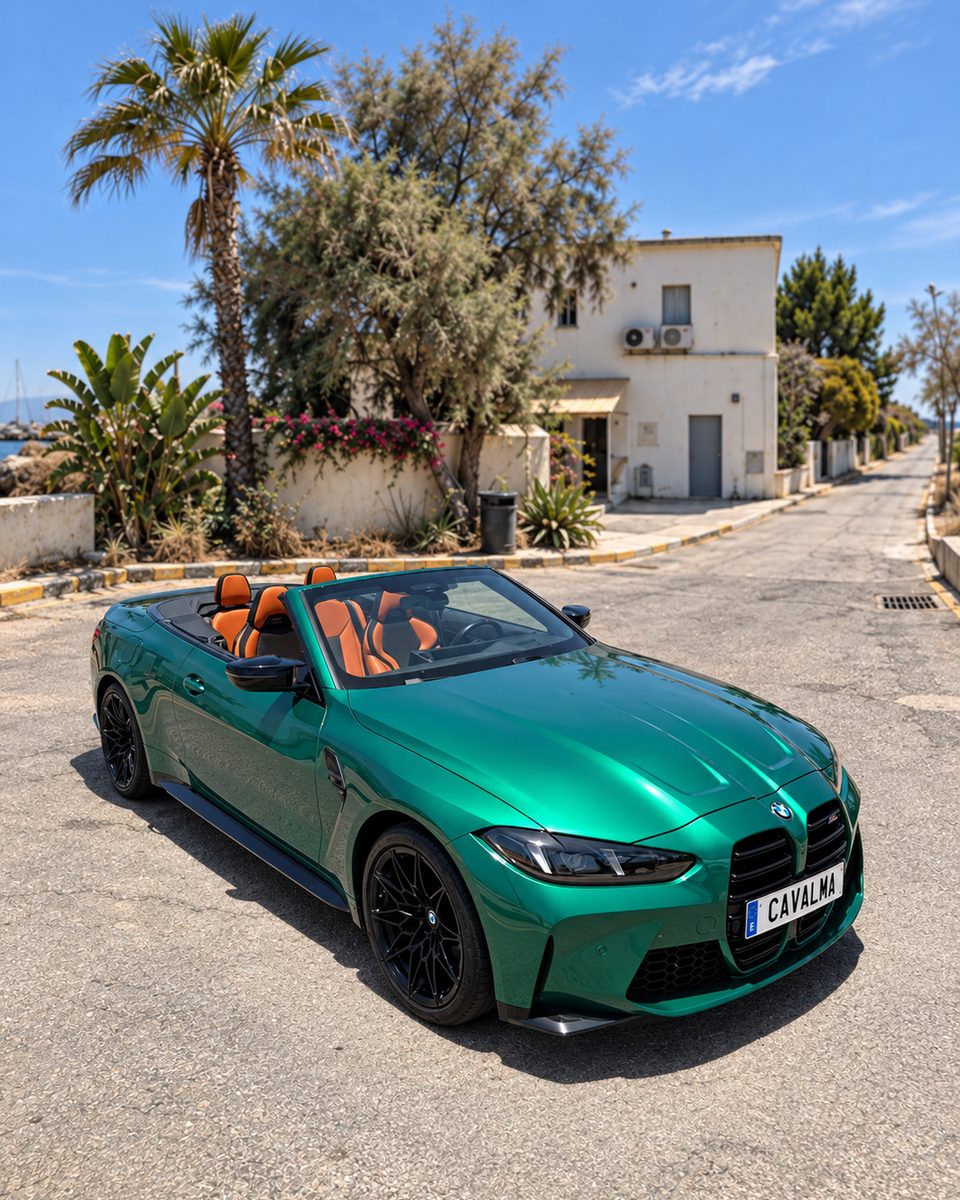 BMW M4 Cabrio rental in Marbella, front three-quarter exterior view