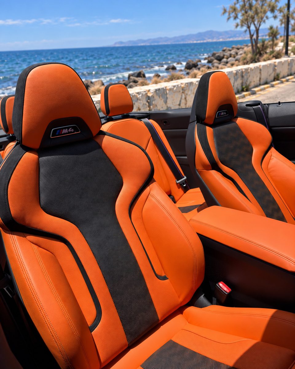 BMW M4 Cabrio orange leather interior details, rental in Marbella