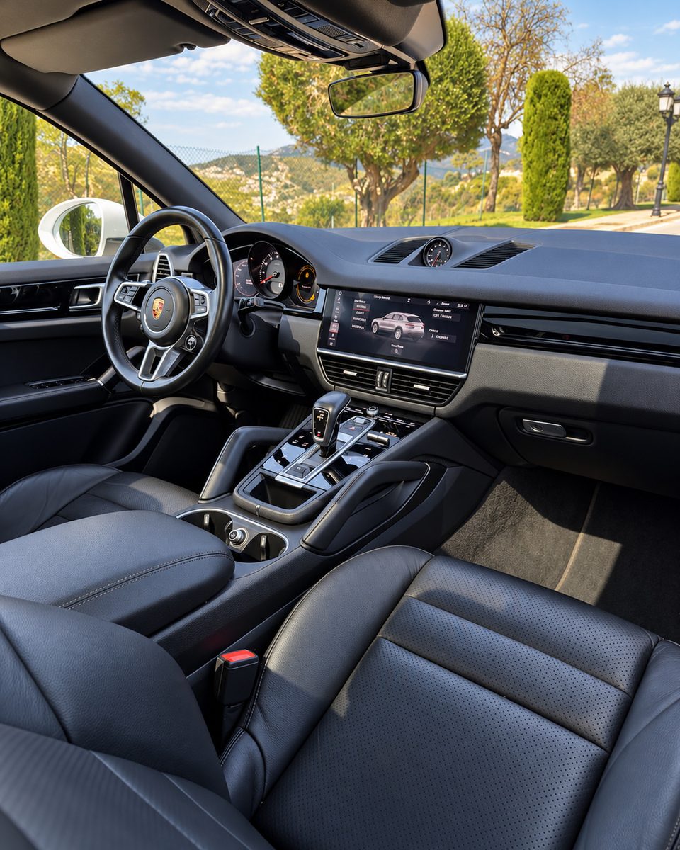 Porsche Cayenne black cockpit with steering wheel, instrument cluster, central display and centre console.