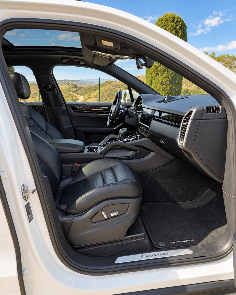 Porsche Cayenne front cabin with black interior, front seats, dashboard, centre console and panoramic glass roof.