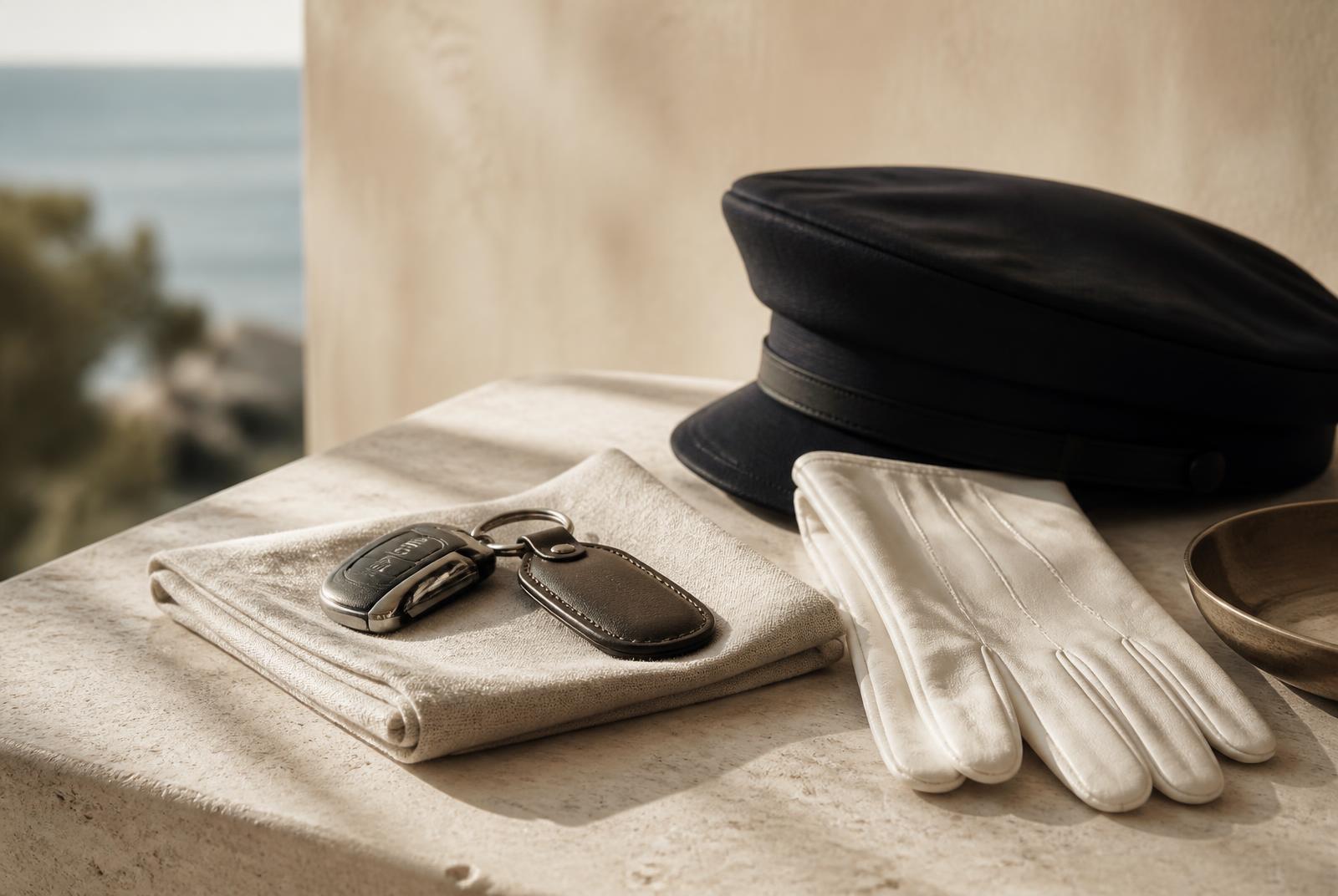 Car keys beside a chauffeur's gloves and cap on a limestone table in Mediterranean daylight