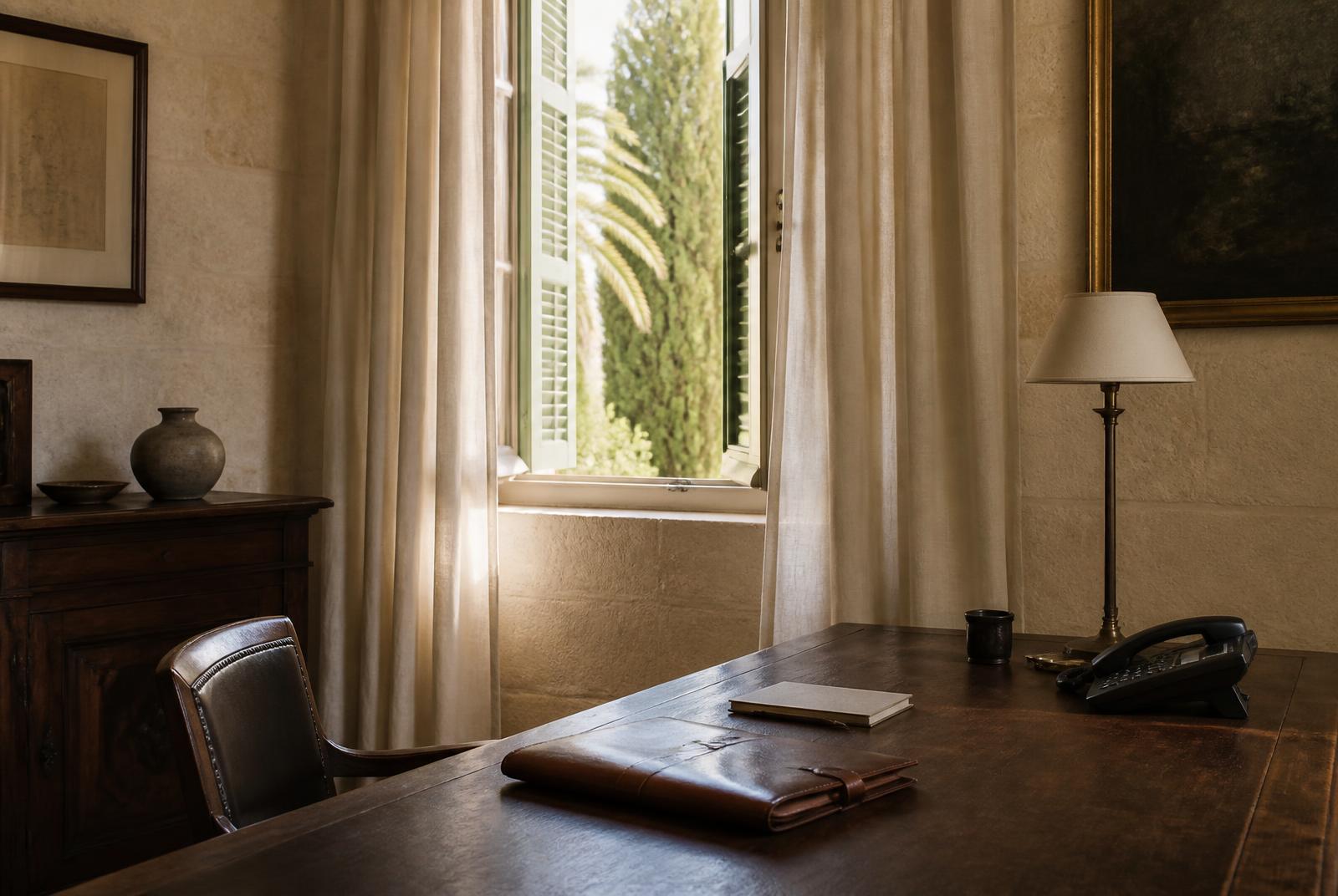 Quiet private office interior in southern Spain with a wooden desk, leather folio and linen curtains